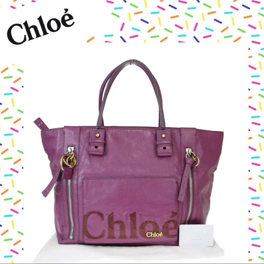 👜 CHLOE Leather Shoulder Bag Purple Tote Zipper